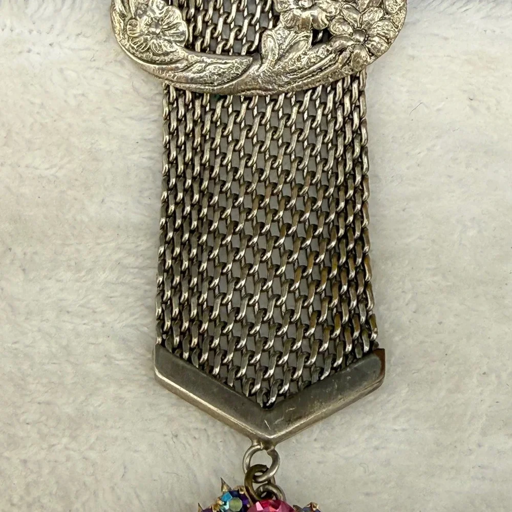 Vintage Brooch Pink Silver Tone Mesh Ribbon Floral Rhinestone Chatelaine Style